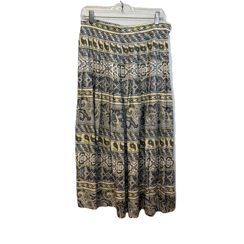 Vintage 90s SK & Co Pleated Midi Skirt Paisley Old Money Gray Yellow Sz 12